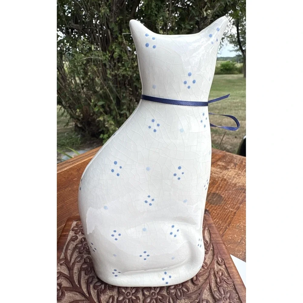 Ceramic White Light Blue Floral Cat Kitty Figurine 8